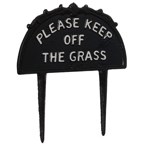 Gardenised Decorative Please Keep Off The Grass Post, Outdoor Warning Ground Cast Iron Stake, Black - QI004531