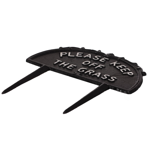 Gardenised Decorative Please Keep Off The Grass Post, Outdoor Warning Ground Cast Iron Stake, Black - QI004531