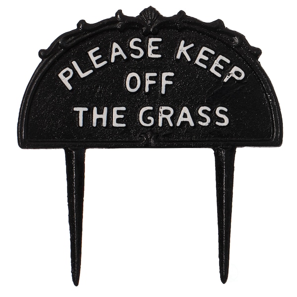 Gardenised Decorative Please Keep Off The Grass Post, Outdoor Warning Ground Cast Iron Stake, Black - QI004531