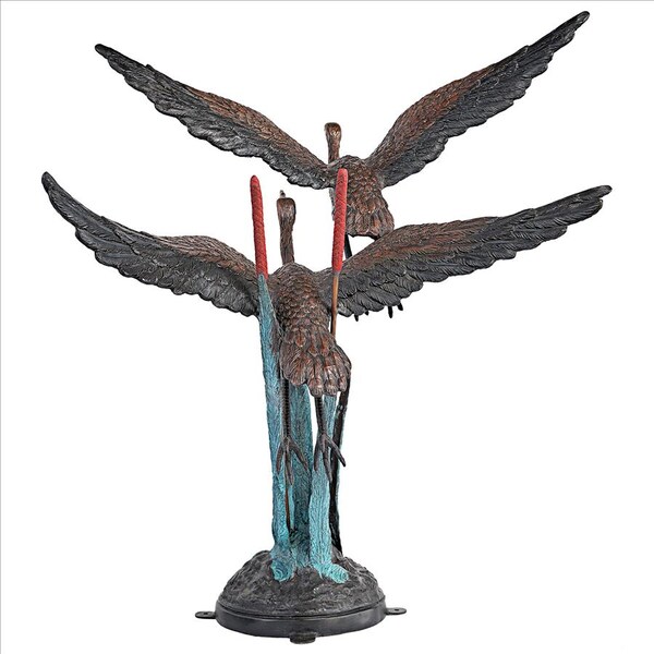 Design Toscano Flying Heron Pair in Reeds Cast Bronze Garden Statue - DD2164