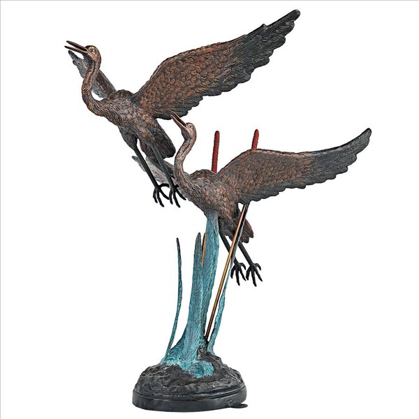 Design Toscano Flying Heron Pair in Reeds Cast Bronze Garden Statue - DD2164