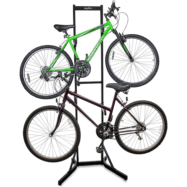 Raxgo Bike Storage Rack, 2 Bicycle Garage Stand, Freestanding, Adjustable Hooks Universal - RGFSBR