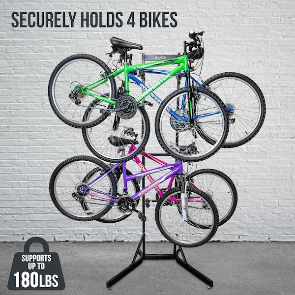 Raxgo Bike Storage Rack, Freestanding 4 Bike Rack with Adjustable Hooks for Indoor Storage - RGFSBR4