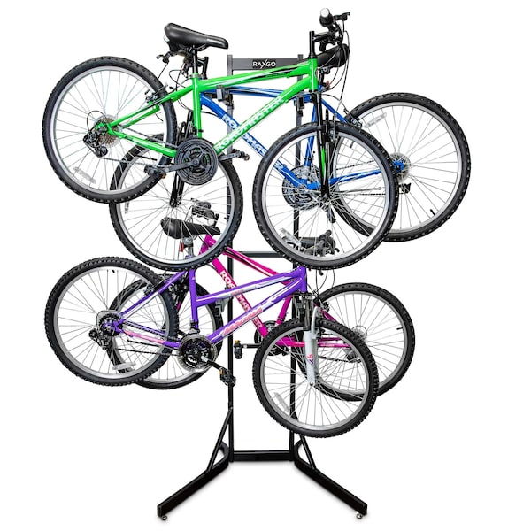 Raxgo Bike Storage Rack, Freestanding 4 Bike Rack with Adjustable Hooks for Indoor Storage - RGFSBR4