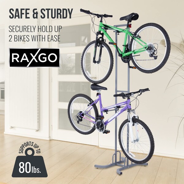 Raxgo Bike Storage Rack, Freestanding 2 Bike Rack with Adjustable Hooks for Indoor Storage - RGFSBRK2