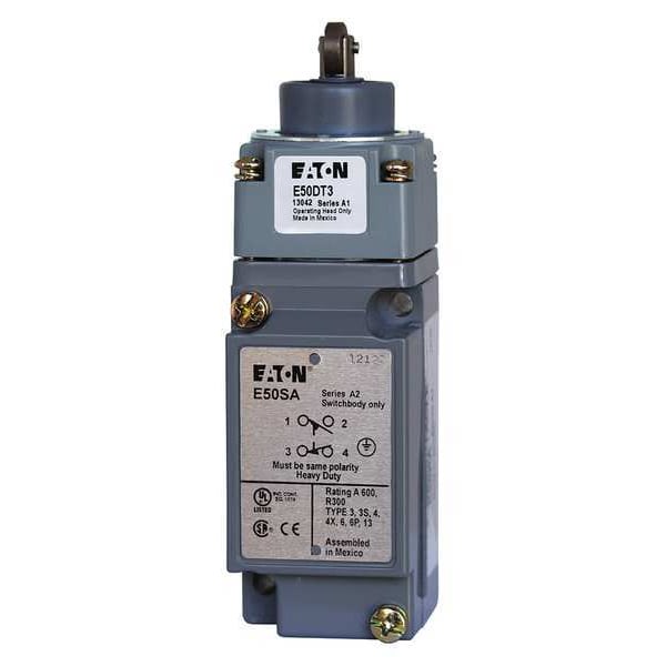 Interruptor de límite de servicio pesado Eaton, émbolo, rodillo, 1NC/1NO, 10A @ 600V CA, Ubicación del actuador: Superior - E50AT36P