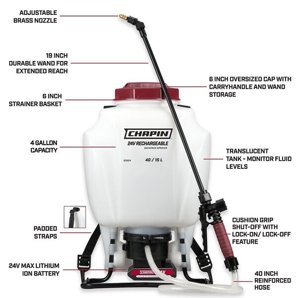 Chapin 4 gal Backpack Sprayer, Includes Battery/Charger - 63924/63985
