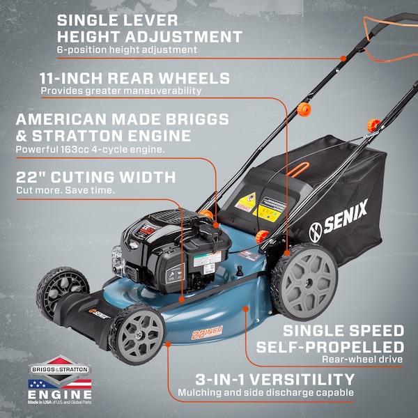 Senix 22 in 163 cc 4-Cycle Gas Powered RWD Self-Propelled Lawn Mower, 3-In-1, 1-Step Start Auto Choke - LSSG-H1