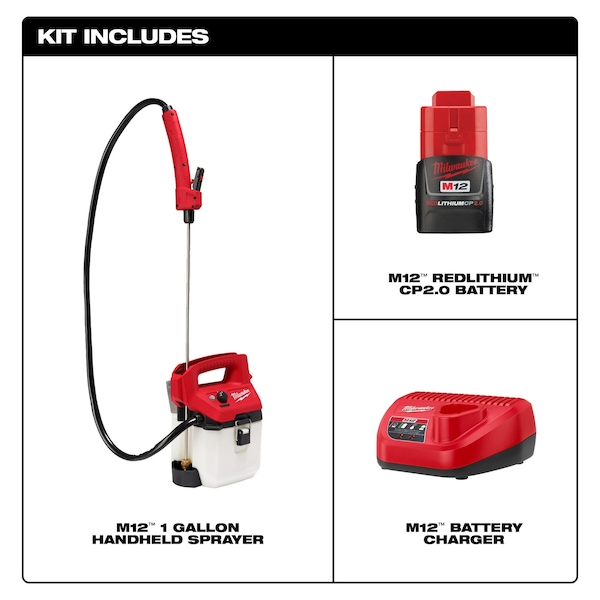 Milwaukee Tool 1 gal Handheld Sprayer, Poly, 4 ft L Hose, 24 in L Wand, Adjustable Cone/ Fan Nozzle Spray Pattern - 2528-21G1