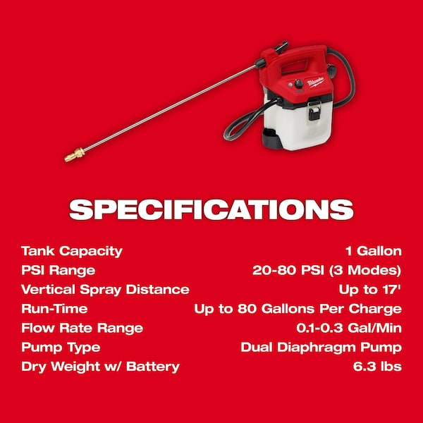 Milwaukee Tool 1 gal Handheld Sprayer, Poly, 4 ft L Hose, 24 in L Wand, Adjustable Cone/ Fan Nozzle Spray Pattern - 2528-21G1