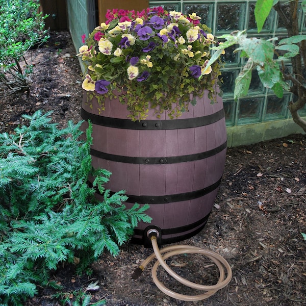 Emsco Group 50-Gallon Whiskey Rain Barrel w/Bands, Planter, Diverter, Hose, Flatback Design, Brown - 2243-1
