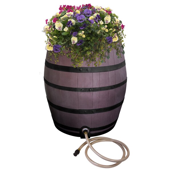Emsco Group 50-Gallon Whiskey Rain Barrel w/Bands, Planter, Diverter, Hose, Flatback Design, Brown - 2243-1