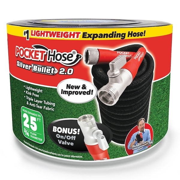 Pocket Hose Silver Bullet 136436 Expanding Garden Hose, 34 in, 25 ft L, Plastic, Black - 13643-12