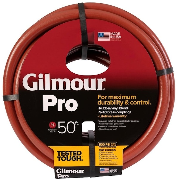 Gilmour Professional Commercial Hose, 34 in, 50 ft L, Coupling, RubberVinyl, Red - 840501-1001