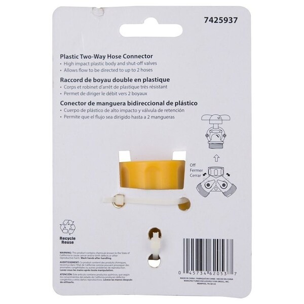 Landscapers Select Y-Connector, Female and Male, Plastic, Yellow, For: Garden Hose and Faucet - GC5113L