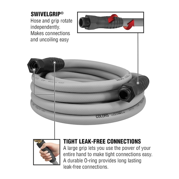 Colors SwivelGrip Garden Hose, 5/8in x 25ft, 3/4in - 11 1/2 GHT Fittings, Slate Grey - HFZC525GYS-E