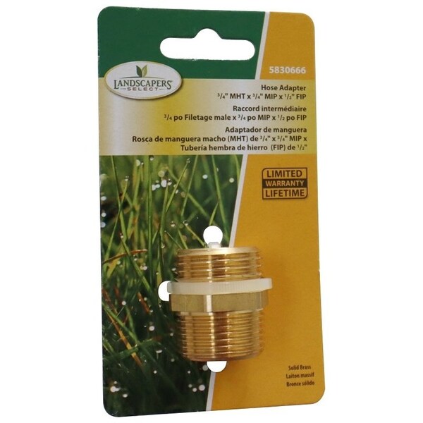Landscapers Select Hose Adapter, 3/4 x 3/4 x 1/2 in, MHT x MIP x FIP, Brass, Brass, For: Garden Hose - PMB-466LFBC
