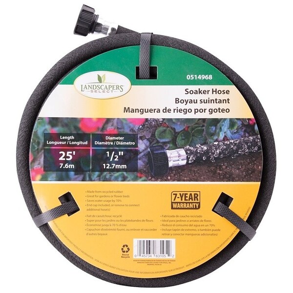 Landscapers Select Soaker Hose, 25 ft L, Plastic Male and Female Couplings, Rubber, Black - P174-161101