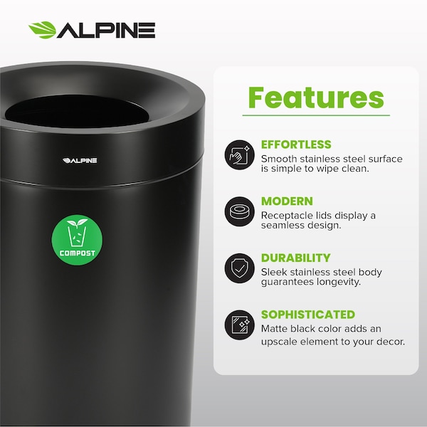 Alpine Industries 50 Gallon Stainless Steel Compost Can Black - ALP475-50-BLK-CO