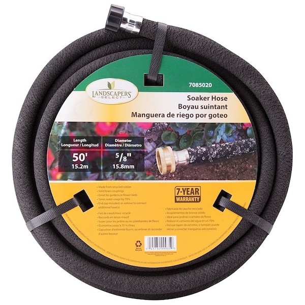Landscapers Select Soaker Hose, 50 ft L, Brass Male and Female Couplings, Rubber, Black - HOSE-50-B-53L