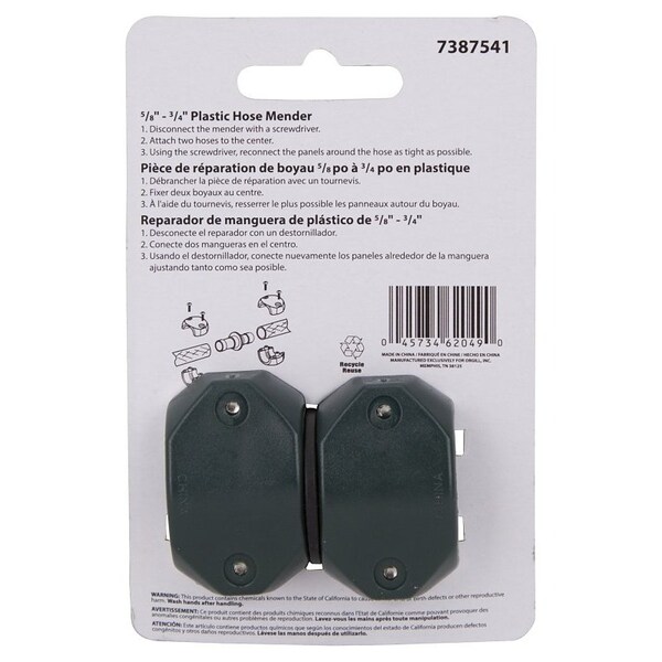 Landscapers Select Hose Mender, 5/8 to 3/4, Male, Plastic, Black and Green - GC5323L