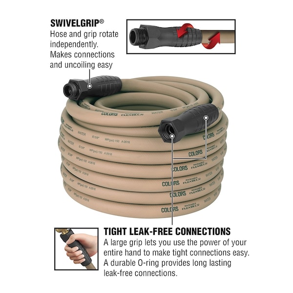Colors SwivelGrip Garden Hose, 5/8in x 100ft, 3/4in - 11 1/2 GHT Fittings, Brown Mulch - HFZC5100BRS-E