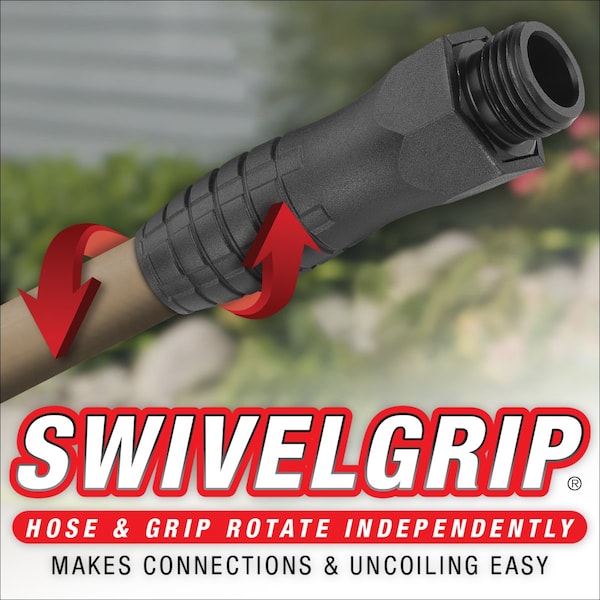 Colors SwivelGrip Garden Hose, 5/8in x 100ft, 3/4in - 11 1/2 GHT Fittings, Brown Mulch - HFZC5100BRS-E