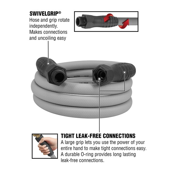 Colors SwivelGrip Garden Hose, 5/8in x 10ft, 3/4in - 11 1/2 GHT Fittings, Slate Grey - HFZC510GYS-E