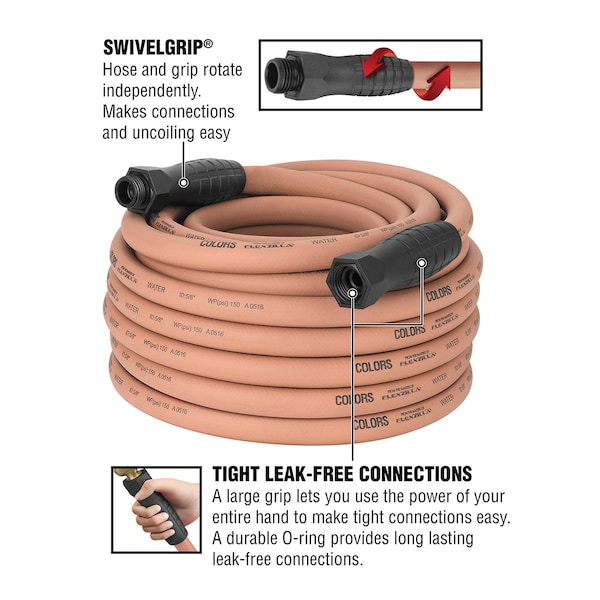 Colors SwivelGrip Garden Hose, 5/8in x 75ft, 3/4in - 11 1/2 GHT Fittings, Red Clay - HFZC575TCS-E
