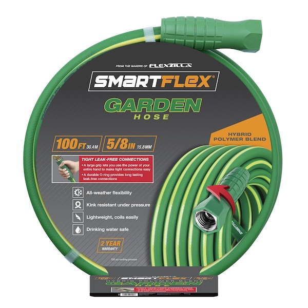 Smartflex Garden Hose, 5/8in x 100ft, 3/4in - 11 1/2 GHT Fittings - HSFG5100GR