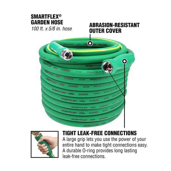 Smartflex Garden Hose, 5/8in x 100ft, 3/4in - 11 1/2 GHT Fittings - HSFG5100GR