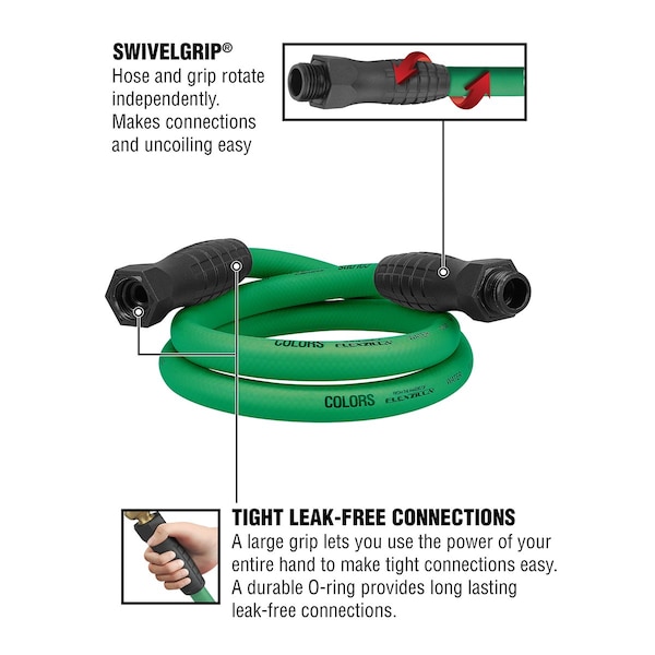 Colors SwivelGrip Garden Hose, 5/8in x 5ft, 3/4in - 11 1/2 GHT Fittings, Forest Green - HFZC505GRS-E
