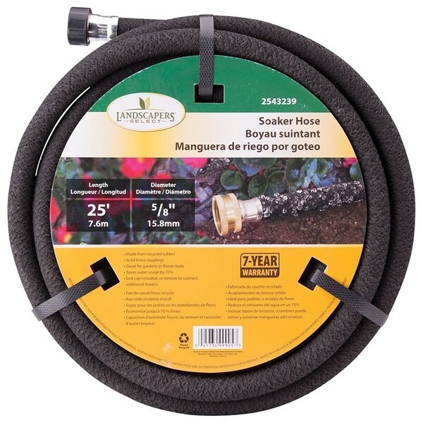 Landscapers Select Soaker Hose, 25 ft L, Brass Male and Female Couplings, Rubber, Black - HOSE-25-B-53L