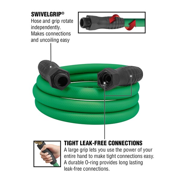 Colors SwivelGrip Garden Hose, 5/8in x 10ft, 3/4in - 11 1/2 GHT Fittings, Forest Green - HFZC510GRS-E