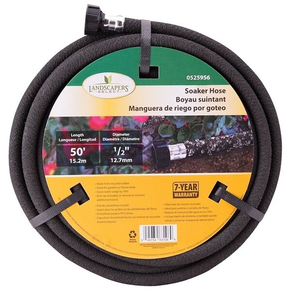 Landscapers Select Soaker Hose, 50 ft L, Plastic Male and Female Couplings, Rubber, Black - P174-161102