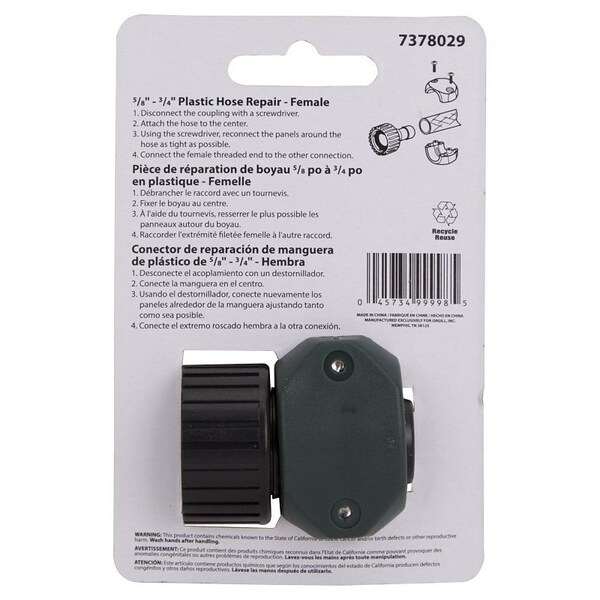 Landscapers Select Hose Coupling, 5/8 to 3/4 in, Female, Plastic, Green and Black - GC5303L