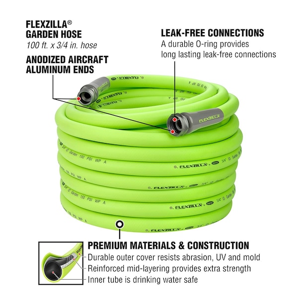 Flexzilla Garden Hose, 3/4in x 100ft, 3/4in - 11 1/2 GHT Fittings - HFZG6100YW-E