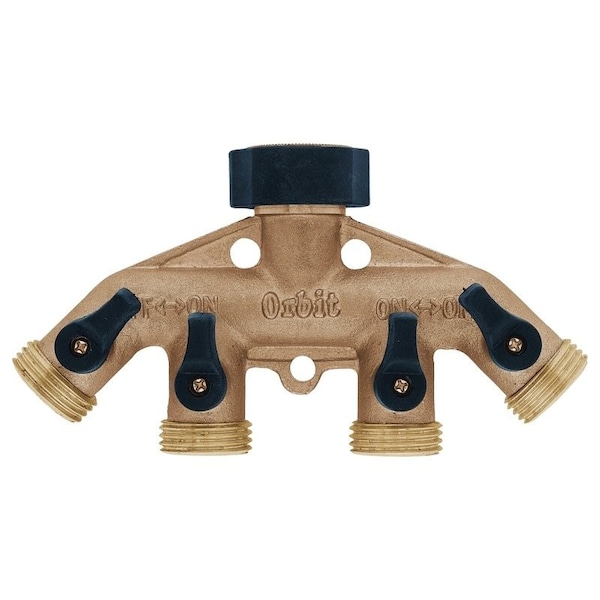 Orbit Hose Faucet Manifold, 3/4 in Swivel x MHT, 4-Port/Way, Brass - 62010N
