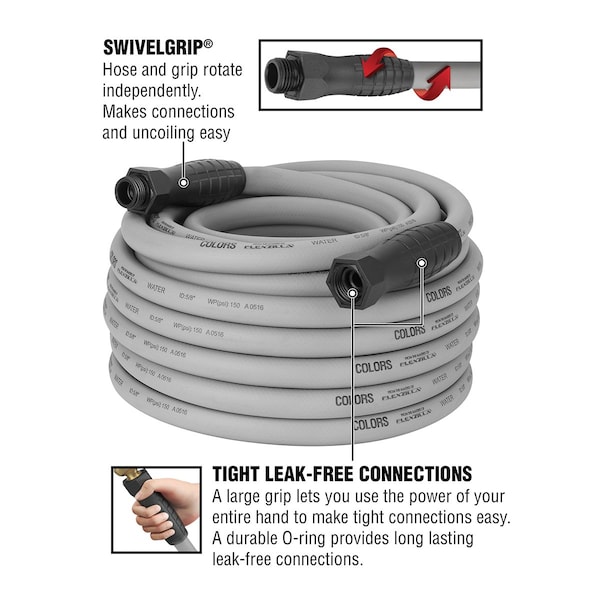 Colors SwivelGrip Garden Hose, 5/8in x 75ft, 3/4in - 11 1/2 GHT Fittings, Slate Grey - HFZC575GYS-E