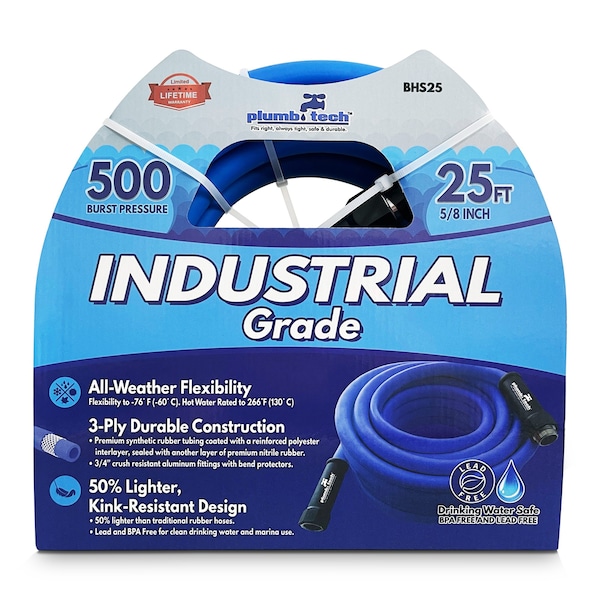 Plumb Tech 5/8-in. x 25' Industrial Grade Dual-Purpose Blue Synthetic Rubber Hose, BPA Free, 500 PSI - BHS25