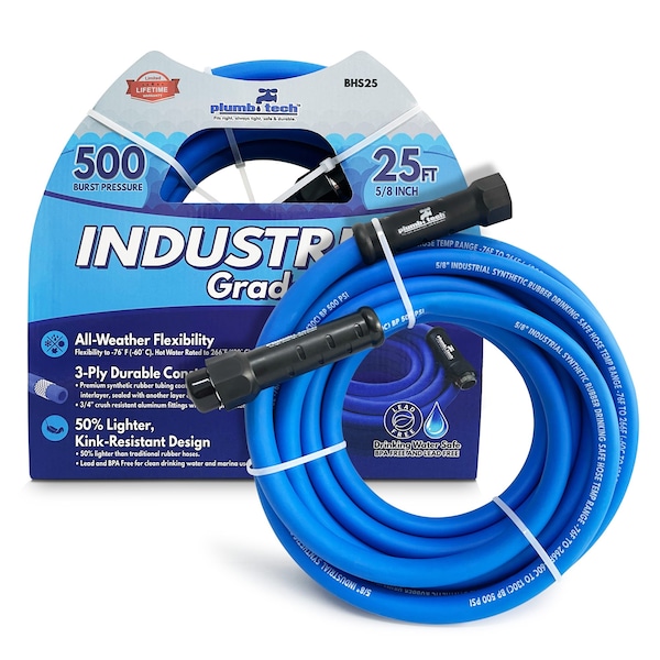Plumb Tech 5/8-in. x 25' Industrial Grade Dual-Purpose Blue Synthetic Rubber Hose, BPA Free, 500 PSI - BHS25