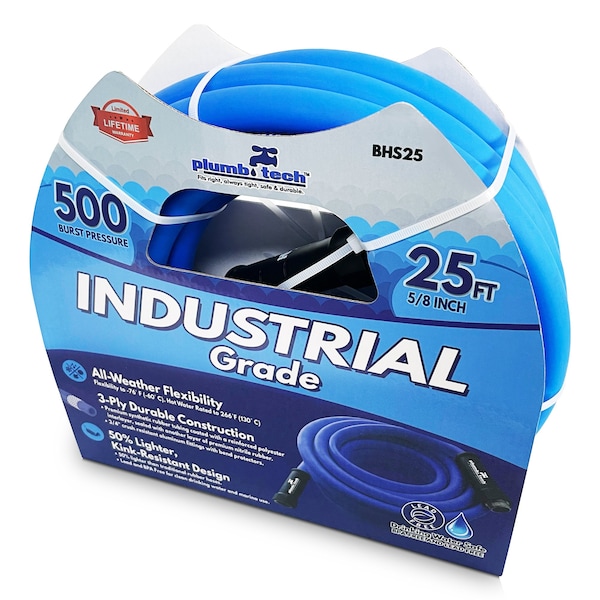 Plumb Tech 5/8-in. x 25' Industrial Grade Dual-Purpose Blue Synthetic Rubber Hose, BPA Free, 500 PSI - BHS25