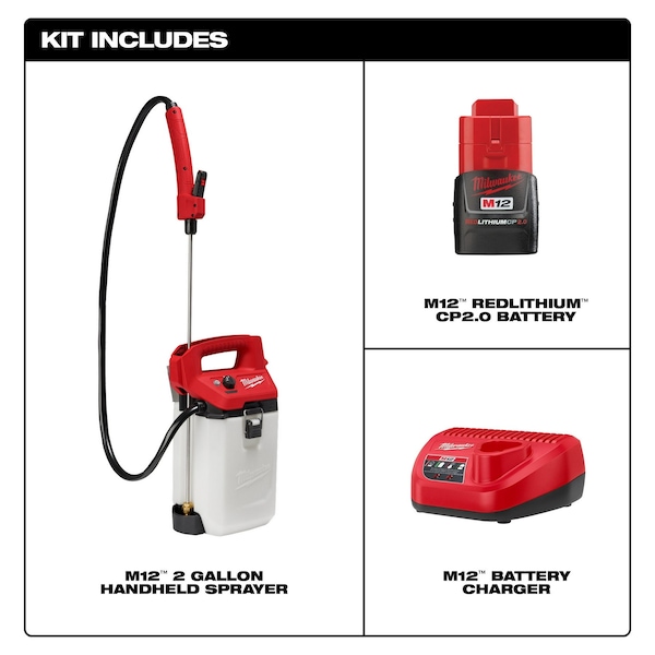 Milwaukee Tool 2 gal Handheld Sprayer, Poly, 4 ft L Hose, 24 in L Wand, Adjustable Cone/ Fan Nozzle Spray Pattern - 2528-21G2