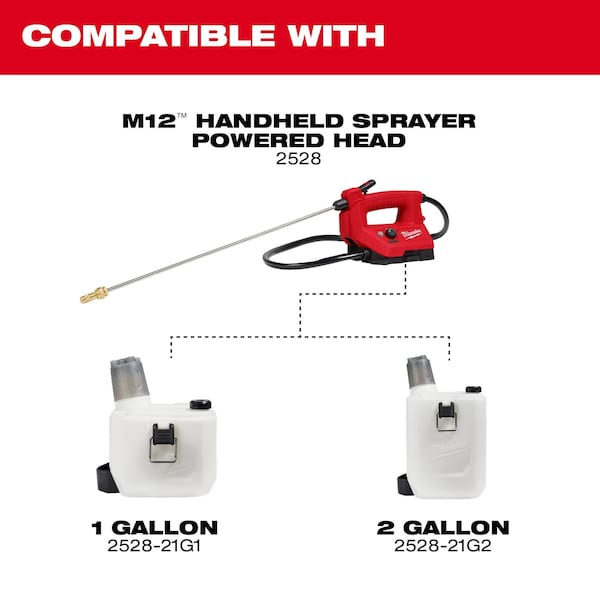 Milwaukee Tool 2 gal Handheld Sprayer, Poly, 4 ft L Hose, 24 in L Wand, Adjustable Cone/ Fan Nozzle Spray Pattern - 2528-21G2