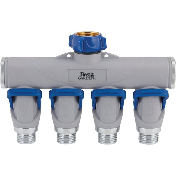 Best Garden Aluminum 4-Way Connector Hose Shutoff Manifold - 37094