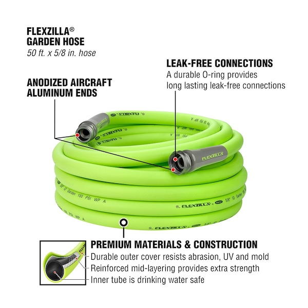 Flexzilla Garden Hose, 5/8in x 50ft, 3/4in - 11 1/2 GHT Fittings - HFZG550YW-E