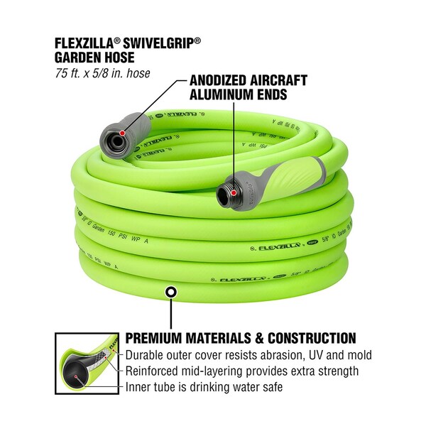 Legacy Legacy Flexzilla SwivelGrip 5/8 in. D X 75 ft. L Medium Duty Premium Grade Garden Hose - HFZG575YWS