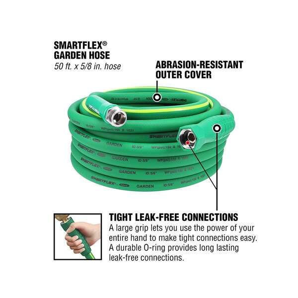 Smartflex Garden Hose, 5/8in x 50ft, 3/4in - 11 1/2 GHT Fittings - HSFG550GR