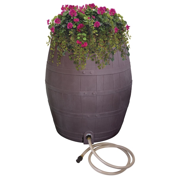 Emsco Group 50-Gallon Whiskey Rain Barrel, Planter, Diverter, Outlet Hose, Flatback Design, Brown - 2242-1