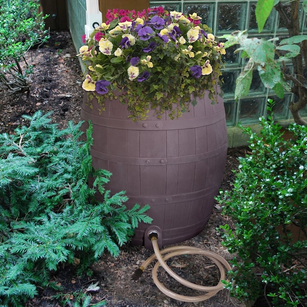 Emsco Group 50-Gallon Whiskey Rain Barrel, Planter, Diverter, Outlet Hose, Flatback Design, Brown - 2242-1